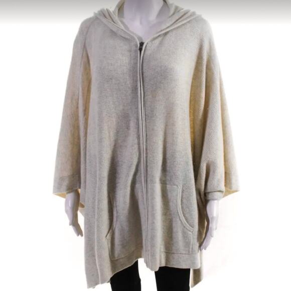 Vince 100% Cashmere Oatmeal Heather Waffle Knit Zip Front Hooded Poncho M/L - Picture 1 of 8